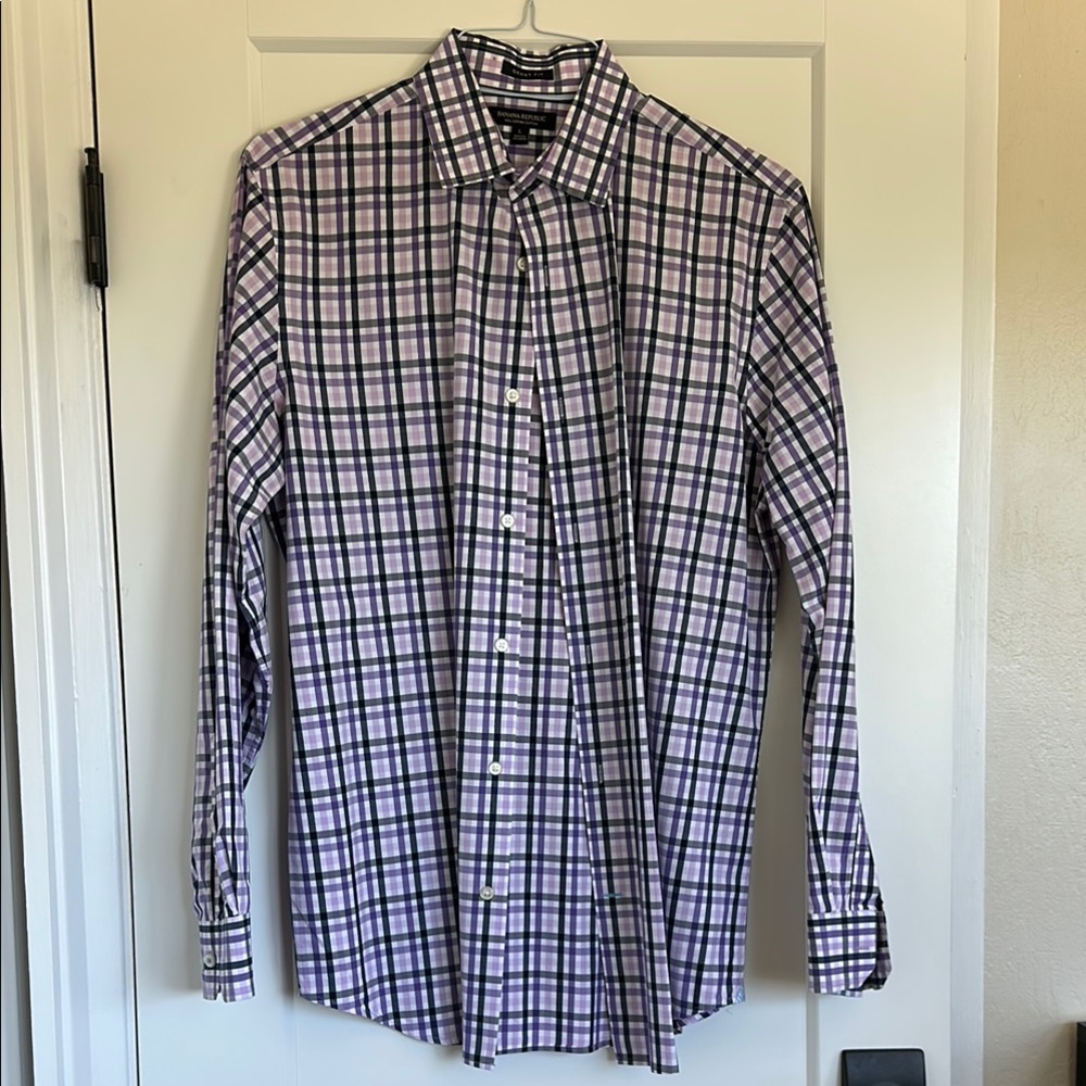 Banana Republic Men's Lavender and Black Checkered Shirt